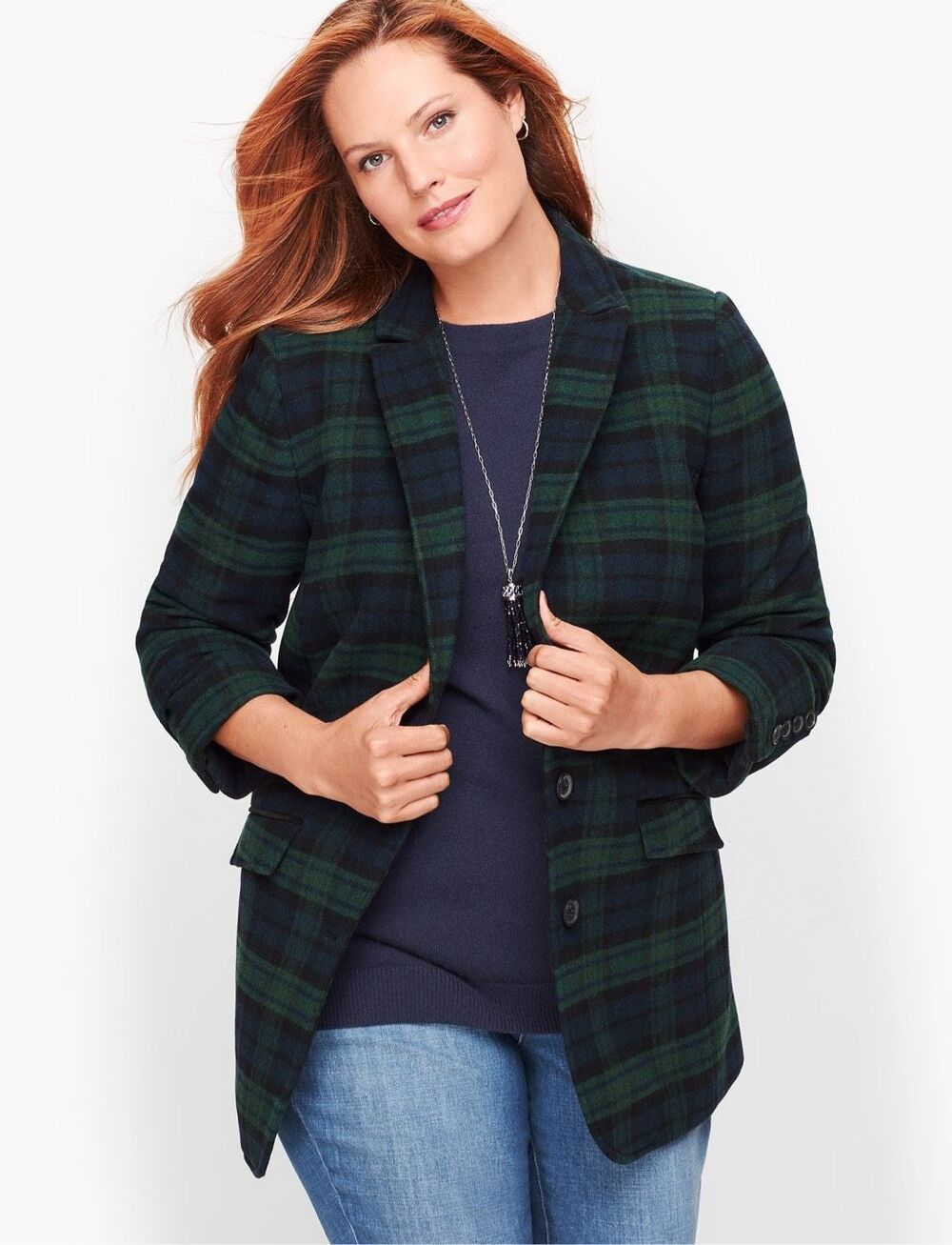 TALBOTS Black Watch Tartan Plaid Wool Blend Blazer Blue Green
